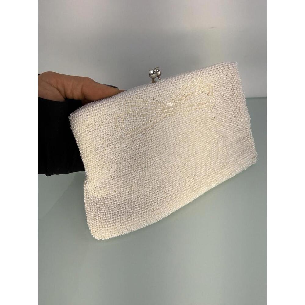 Vintage Vivant by Sarne Beaded Clutch Ivory Bow Hand Made Japan Italian Beads